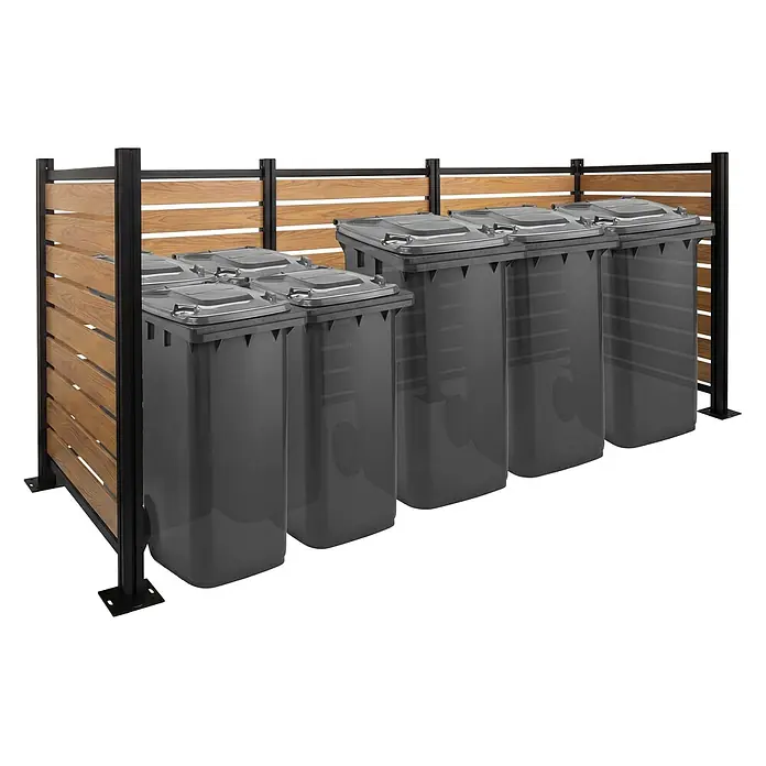 Alu Mülltonnen-Zaun 130x300x110cm Hellbraun Holzoptik erweiterbar -  - Mülltonnenbox mit Holzlamellen und schwarzem Rahmen, für mehrere graue Mülltonnen.