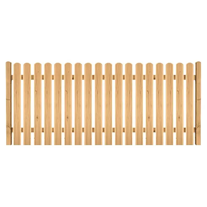 Balkonbrett - Douglasie, 950 x 90 x 18 mm, 1 Stk. - Nahaufnahme eines Holzzauns mit abgerundeten Latten und natürlicher Holzmaserung. Der Zaun ist hell und einladend.