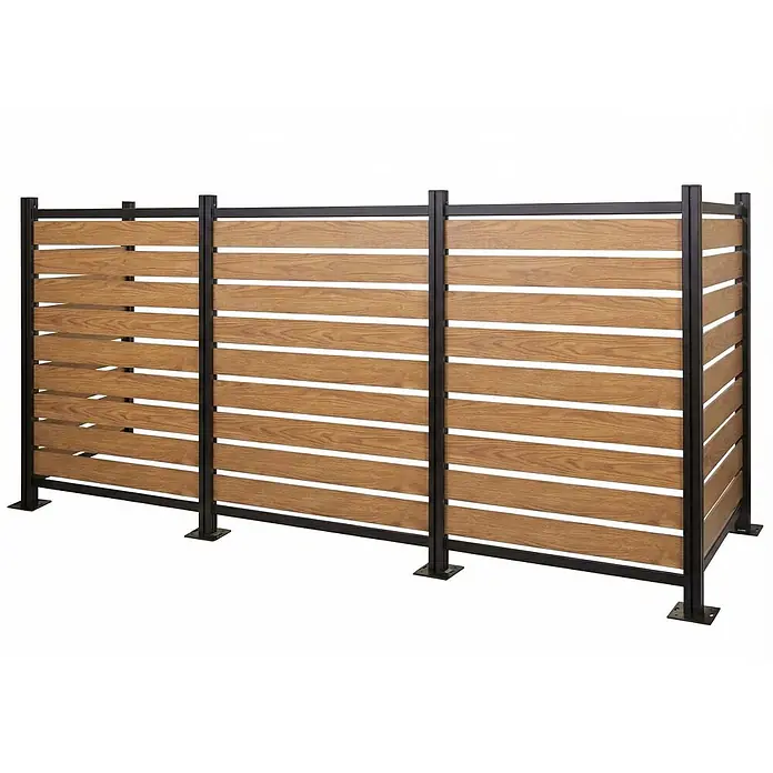 Alu Mülltonnen-Zaun 130x300x110cm Hellbraun Holzoptik erweiterbar -  - Brauner Sichtschutzzaun in Holzoptik mit schwarzem Metallrahmen.