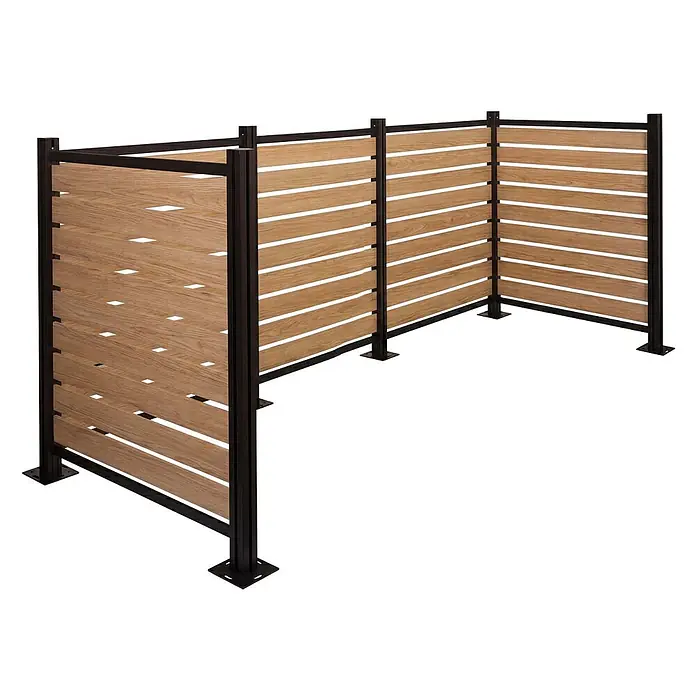 Alu Mülltonnen-Zaun 130x300x110cm Hellbraun Holzoptik erweiterbar -  - Eck-Sichtschutzwand mit dunklen Metallpfosten und hellen Lamellen in Holzoptik.