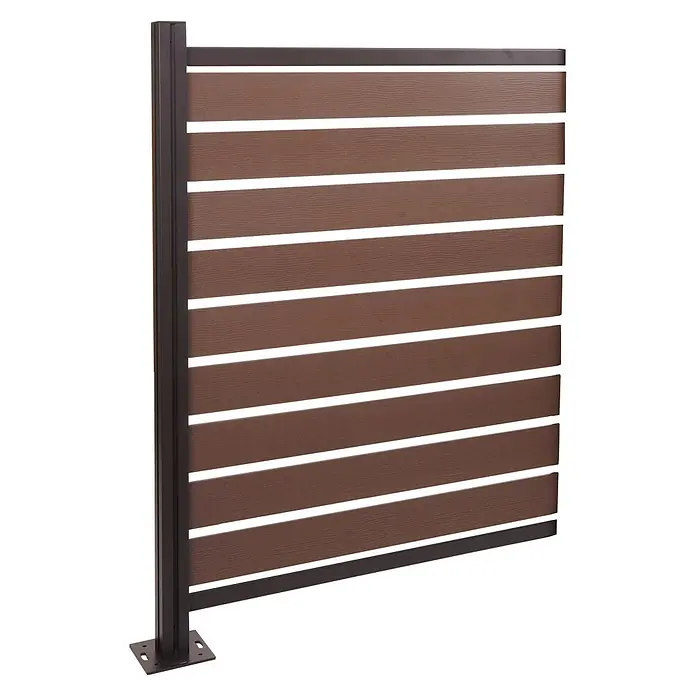 Alu Mülltonnen-Zaun 130x100x6cm Braun Holzoptik erweiterbar -  - Braunes Lamellen-Sichtschutzelement mit dunklem Metallrahmen und Pfosten für Gartensichtschutz.