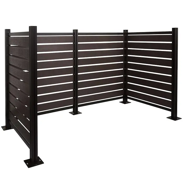 Alu Mülltonnen-Zaun 130x206x110cm Anthrazit Holzoptik erweiterbar -  - Dunkelbrauner Sichtschutz mit Latten und schwarzem Metallrahmen, L-förmig angeordnet.