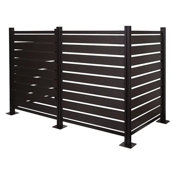 Alu Mülltonnen-Zaun 130x206x110cm Anthrazit Holzoptik erweiterbar -  - Dunkelbrauner Sichtschutz für den Außenbereich mit horizontalen Lamellen, modularen Paneelen und stabilen Pfosten mit Grundplatten.