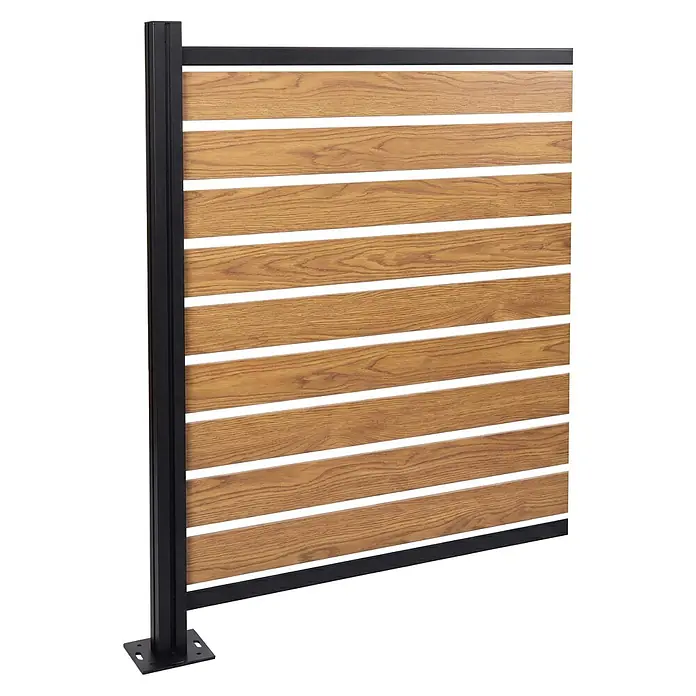 Alu Mülltonnen-Zaun 130x100x6cm Hellbraun Holzoptik erweiterbar -  - Sichtschutzzaun-Paneel mit braunen Holzlamellen und schwarzem Metallrahmen für den Außenbereich.