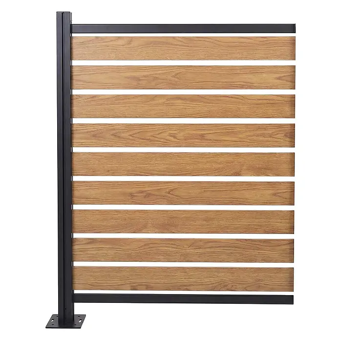 Alu Mülltonnen-Zaun 130x100x6cm Hellbraun Holzoptik erweiterbar -  - Braunes Sichtschutzelement in Holzoptik mit schwarzem Metallrahmen und Pfosten, horizontalen Lamellen.
