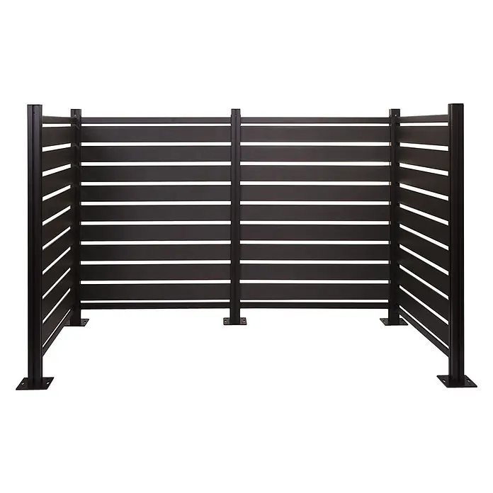 Alu Mülltonnen-Zaun 130x206x110cm Anthrazit Holzoptik erweiterbar -  - Dunkler Sichtschutz aus horizontalen Lamellen, U-förmig mit vertikalen Pfosten auf Sockeln.