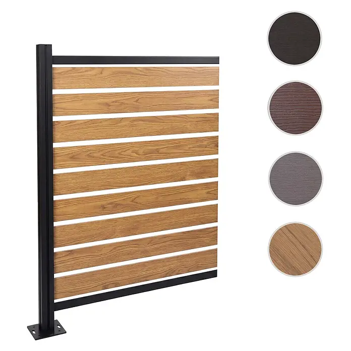 Alu Mülltonnen-Zaun 130x100x6cm Hellbraun Holzoptik erweiterbar -  - Modernes Sichtschutzelement mit schwarzem Metallrahmen und hellbraunen Holzlamellen, mehrere Farboptionen gezeigt.