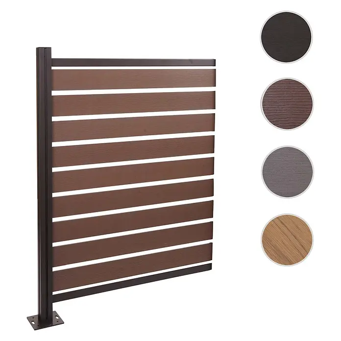 Alu Mülltonnen-Zaun 130x100x6cm Hellbraun Holzoptik erweiterbar -  - Modulare Sichtschutzwand mit braunen Querlamellen und dunklem Rahmen. Farbmuster zeigen Holzoptik in Dunkelbraun, Grau und Hellholz.