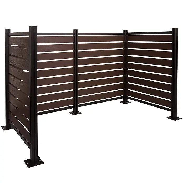 Alu Mülltonnen-Zaun 130x206x110cm Braun Holzoptik erweiterbar -  - Dunkelbrauner Lamellen-Sichtschutz mit Holzoptik, in schwarzem Metallrahmen, L-förmig angeordnet.