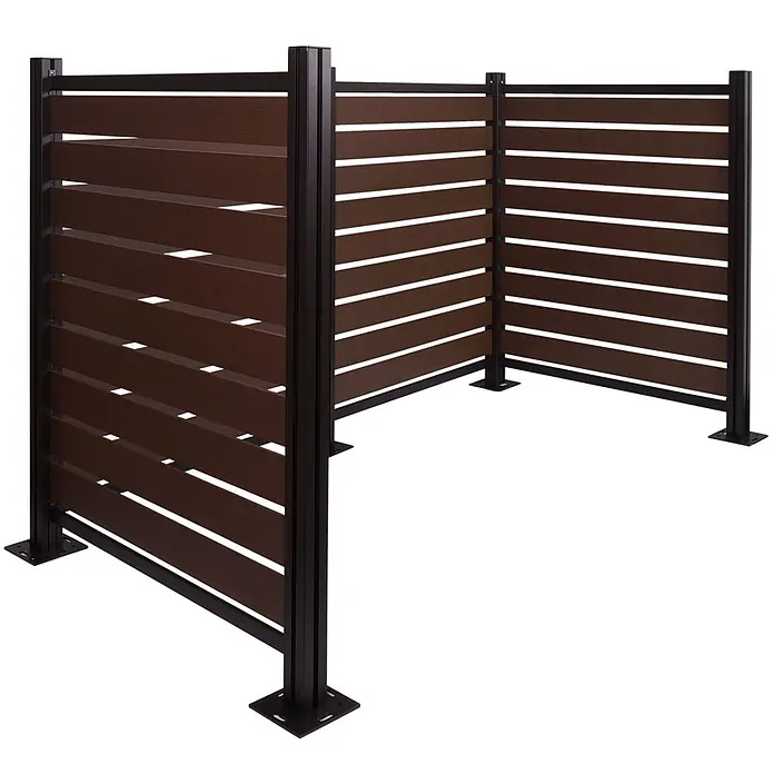 Alu Mülltonnen-Zaun 130x206x110cm Braun Holzoptik erweiterbar -  - L-förmiger Sichtschutz mit dunkelbraunen Horizontalstreben und schwarzen Pfosten.