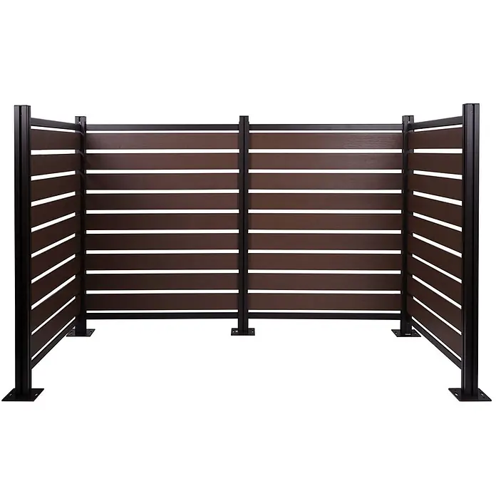 Alu Mülltonnen-Zaun 130x206x110cm Braun Holzoptik erweiterbar -  - U-förmiger dunkelbrauner Lamellen-Sichtschutz mit schwarzem Metallrahmen.