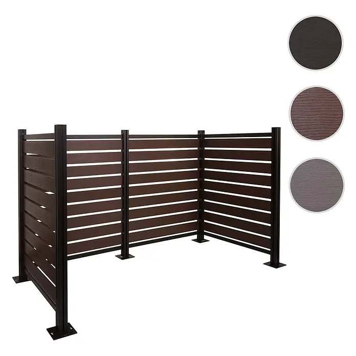 Alu Mülltonnen-Zaun 130x206x110cm Anthrazit Holzoptik erweiterbar -  - U-förmige dunkelbraune Mülltonnenverkleidung aus Verbundholzlatten mit schwarzen Metallpfosten.