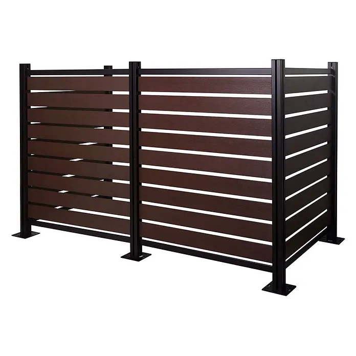 Alu Mülltonnen-Zaun 130x206x110cm Braun Holzoptik erweiterbar -  - Dunkelbrauner Lamellen-Sichtschutz mit schwarzem Metallrahmen.