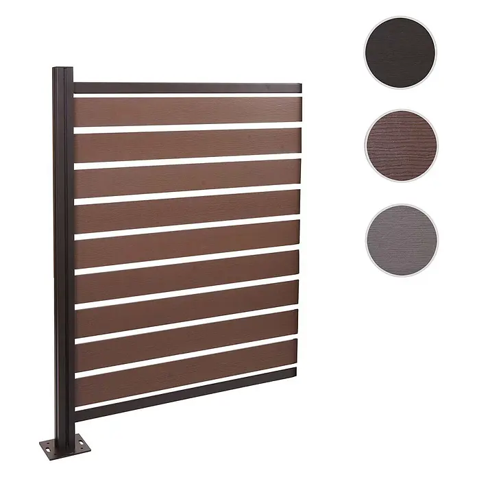 Alu Mülltonnen-Zaun 130x100x6cm Grau Holzoptik erweiterbar -  - Braunes Sichtschutzelement mit Holzoptik-Lamellen und dunklem Rahmen. Verfügbare Farben: dunkelbraun, rotbraun, grau.