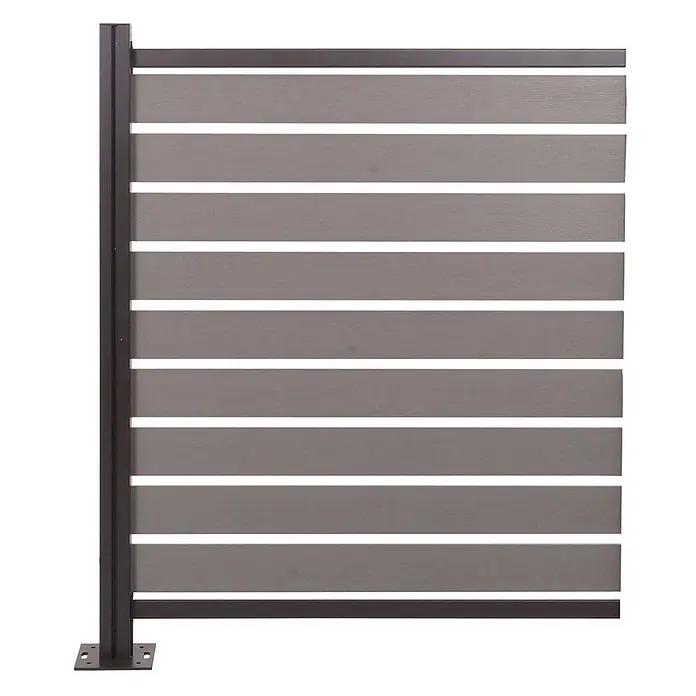 Alu Mülltonnen-Zaun 130x100x6cm Grau Holzoptik erweiterbar -  - Graues Sichtschutzzaun-Element mit horizontalen Lamellen und dunkelbraunem Rahmen mit Bodenplatte.