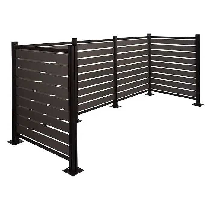 Alu Mülltonnen-Zaun 130x300x110cm Grau Holzoptik erweiterbar -  - Modulares Sichtschutzelement mit dunkelgrauen Lamellen und schwarzen Metallpfosten, in Eckform angeordnet.