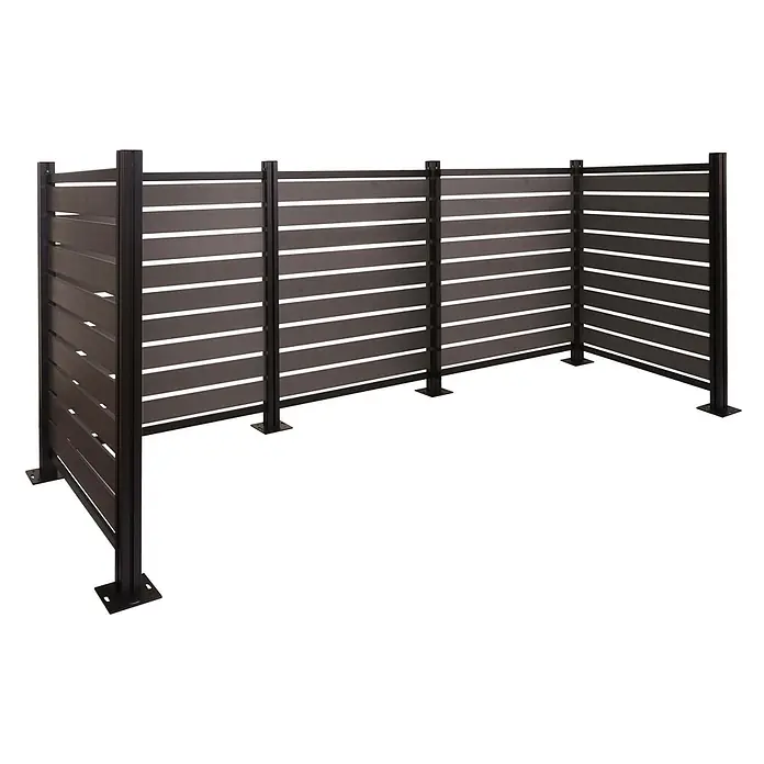 Alu Mülltonnen-Zaun 130x300x110cm Grau Holzoptik erweiterbar -  - Dunkelgrauer Lamellen-Sichtschutz mit schwarzen Metallpfosten, L-förmig.