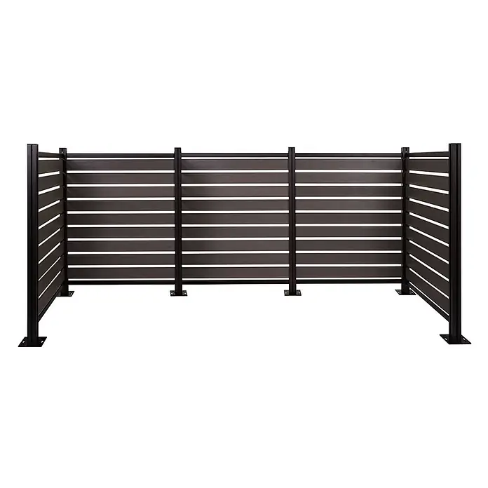 Alu Mülltonnen-Zaun 130x300x110cm Grau Holzoptik erweiterbar -  - Dunkelbrauner Lamellen-Sichtschutz mit schwarzen Metallpfosten, U-förmig.