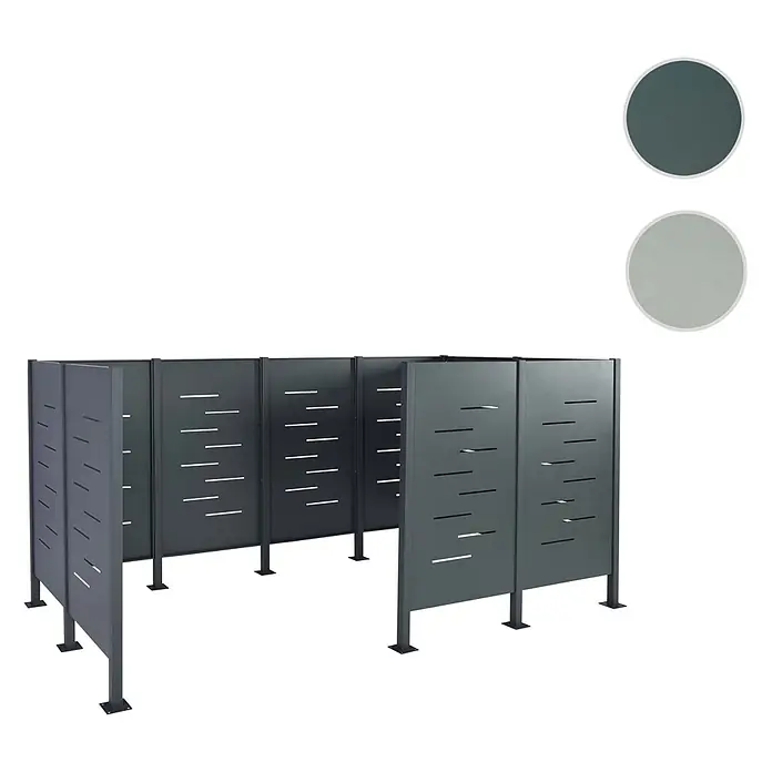 Mülltonnen-Zaun 151x326x166cm Metall Mülltonnenverkleidung Edelstahl Silber -  - Dunkelgraue Mülltonnenverkleidung aus Metall mit horizontalen Lamellen, leicht erhöht gezeigt.