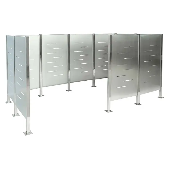 Mülltonnen-Zaun 151x326x166cm Metall Mülltonnenverkleidung Edelstahl Silber -  - Modulare Edelstahl-Trennwand mit horizontalen Schlitzen und quadratischen Bodenplatten, ideal für Sichtschutz oder Raumgestaltung.
