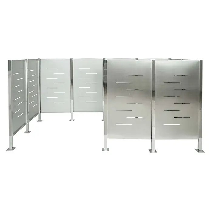 Mülltonnen-Zaun 151x326x166cm Metall Mülltonnenverkleidung Edelstahl Silber -  - Modulare Sichtschutzwände aus Edelstahl mit horizontalen und diagonalen Lamellen, auf Standfüßen montiert.