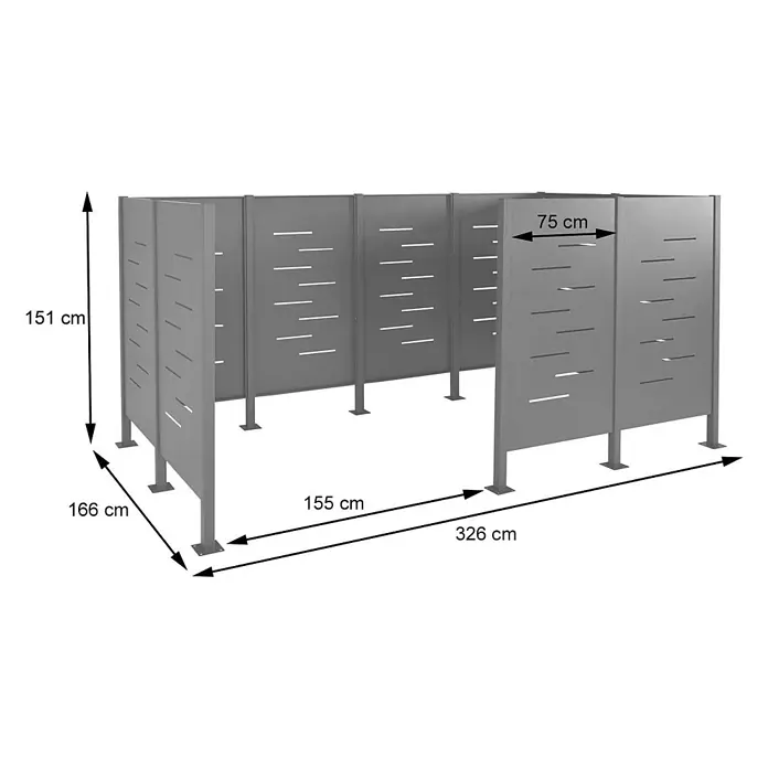 Mülltonnen-Zaun 151x326x166cm Metall Mülltonnenverkleidung Edelstahl Silber -  - Modulares, graues Metall-Sichtschutzsystem mit Platten mit horizontalen Aussparungen, von Pfosten gestützt.