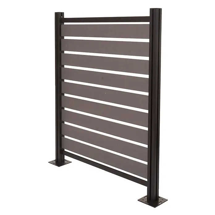Alu Mülltonnen-Zaun 130x110x6cm Basiselement Grau Holzoptik erweiterbar -  - Dunkelgrauer Verbundstoff-Sichtschutz mit schwarzen Aluminiumpfosten.