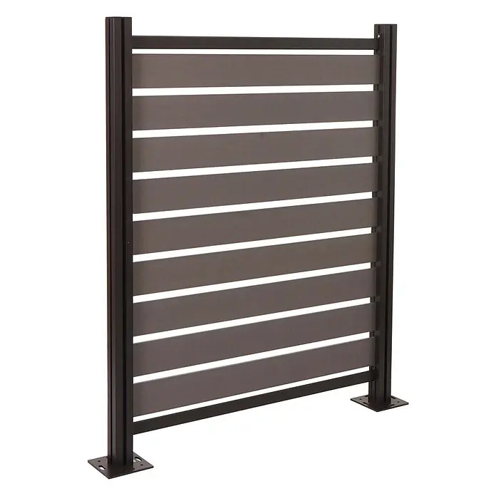 Alu Mülltonnen-Zaun 130x110x6cm Basiselement Grau Holzoptik erweiterbar -  - Dunkelgrauer Lamellen-Sichtschutz mit dunklen Metallpfosten und Montagefüßen.