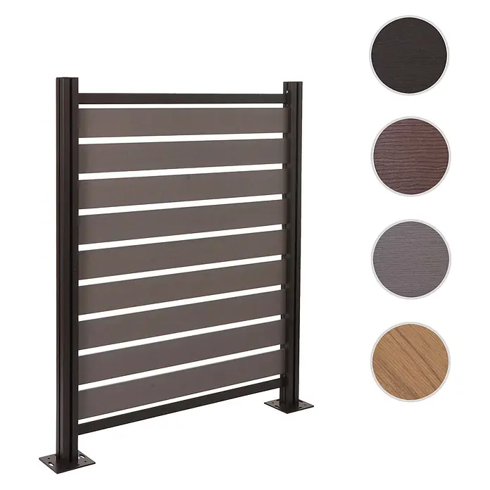 Alu Mülltonnen-Zaun 130x110x6cm Basiselement Grau Holzoptik erweiterbar -  - Sichtschutzwand mit dunklem Rahmen und grauen Querlatten. Farbmuster zeigen dunkelbraune, rotbraune, graue und hellbraune Holzmaserungsoptionen.