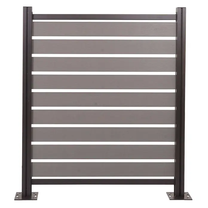 Alu Mülltonnen-Zaun 130x110x6cm Basiselement Grau Holzoptik erweiterbar -  - Grauer Sichtschutz mit dunklen Pfosten und horizontalen Lamellen für den Außenbereich.