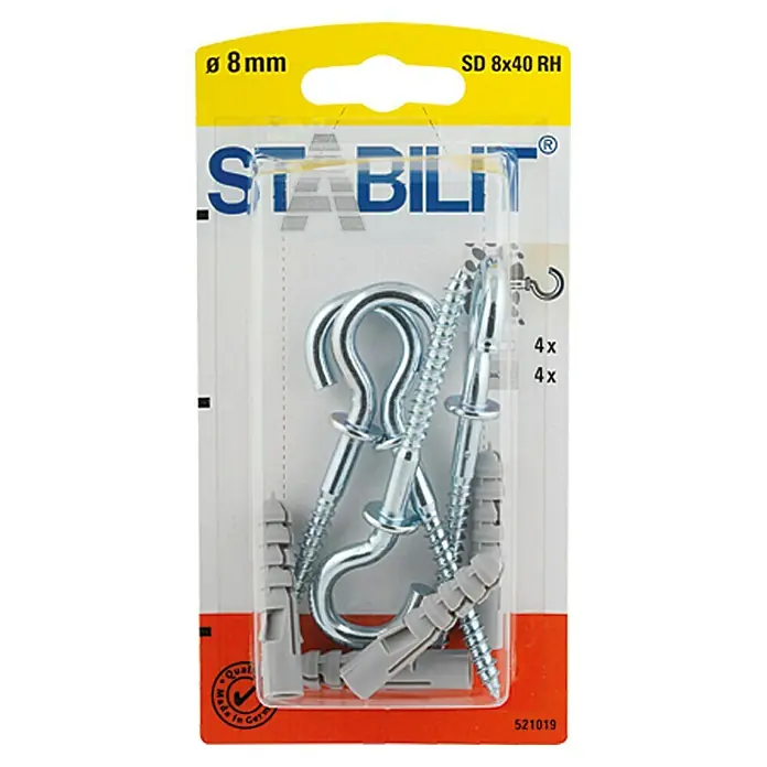 Stabilit Spreizdübel-Set - Durchmesser Dübel: 8 mm, Länge Dübel: 40 mm, 4 Stk., Mit Haken - Blisterpackung mit 4 Stabilit Schraubhaken (SD 8x40 RH) mit einem Durchmesser von 8mm, inklusive Dübel zur sicheren Befestigung.