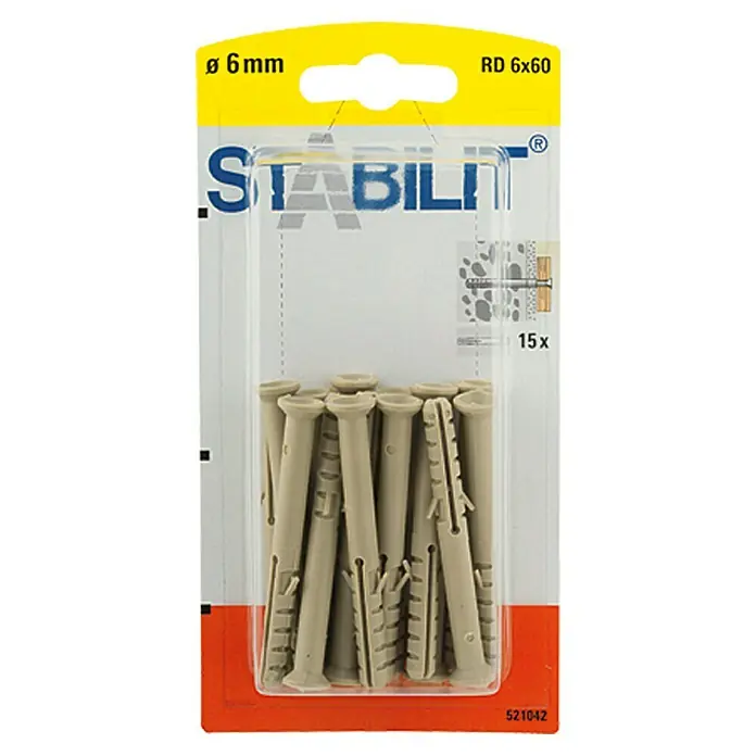Stabilit Allzweck-Rahmendübel - Durchmesser Dübel: 6 mm, Länge Dübel: 50 mm, Kunststoff, 15 Stk. - Packung Stabilit Dübel RD 6x60 mm, 15 Stück, zur Befestigung von Gegenständen an Wänden und Decken. Vielseitig und zuverlässig.