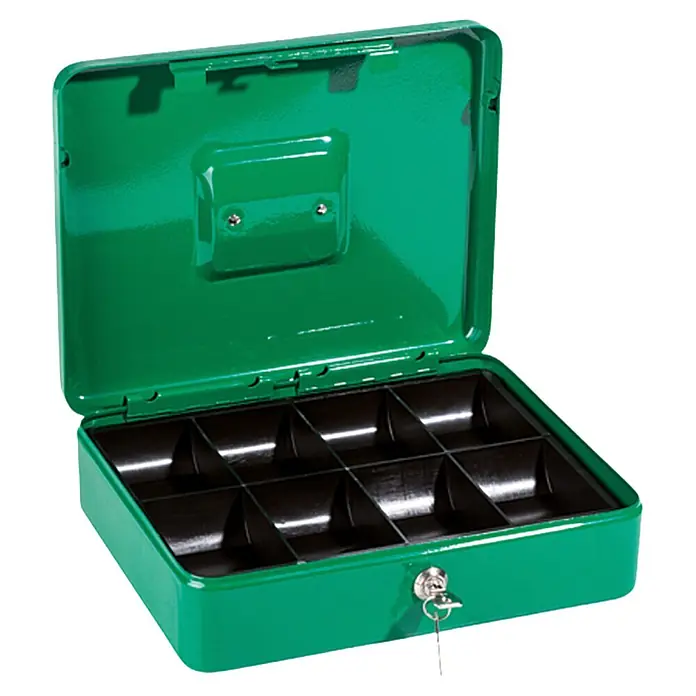 Geldkassette - Herausnehmbarer Einsatz, 24 x 30 x 9 cm - Grüne Geldkassette mit Fächern, offen präsentiert. Ideal zur sicheren Aufbewahrung von Bargeld und Wertsachen, robust und praktisch.