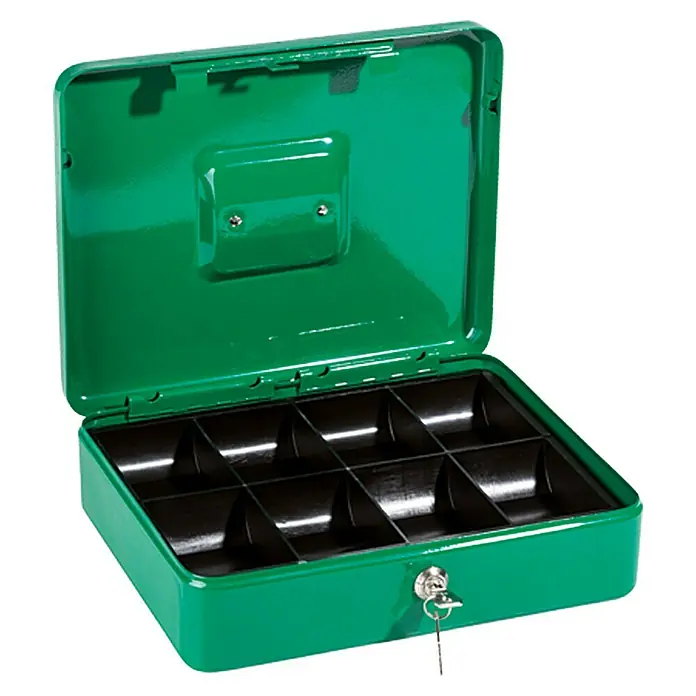 Geldkassette - Herausnehmbarer Einsatz, 24 x 30 x 9 cm - Grüne Geldkassette mit Fächern, offen präsentiert. Ideal zur sicheren Aufbewahrung von Bargeld und Wertsachen, robust und praktisch.
