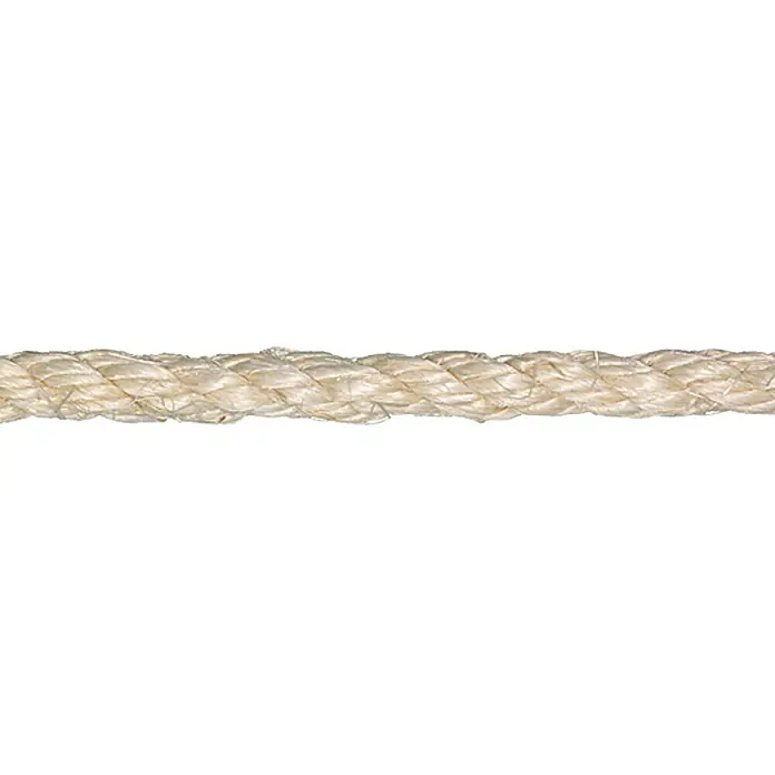 Stabilit Sisalseil - 8 mm x 10 m, 3-schäftig gedreht - Nahaufnahme eines robusten, naturfarbenen Seils. Ideal für nautische oder dekorative Zwecke, bietet Festigkeit und rustikalen Charme.