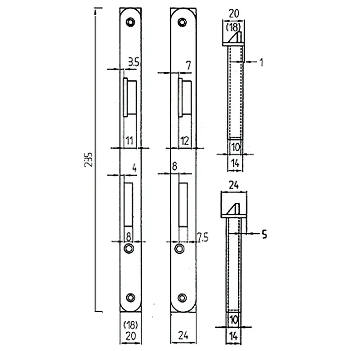 Stabilit WC-Einsteckschloss - Links, Silber, Stulpform: Eckig - Technische Zeichnung eines Beschlags mit Maßen. Ideal für Bauherren und Handwerker zur Planung.