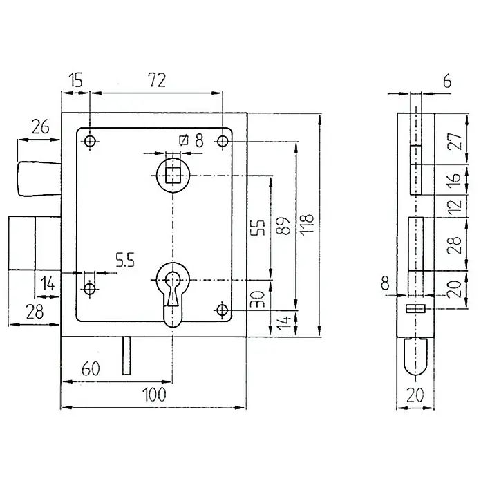 Stabilit Zimmertürkastenschloss - Zimmertür, Universell einsetzbar, Hebende Falle, Buntbartschloss - Eine schematische Zeichnung eines Kastenschlosses mit Maßangaben, die die Abmessungen und Details des Schlosses zeigen.