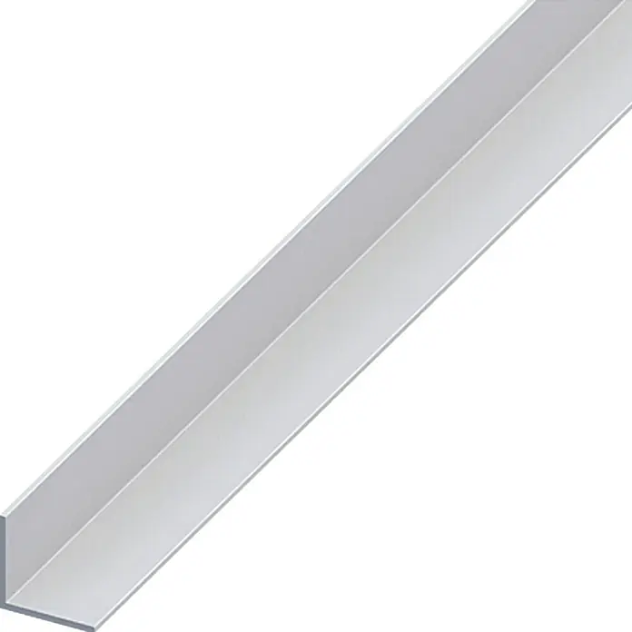 Kantoflex Winkelprofil - 2.000 x 50 x 50 mm, Stärke: 4 mm, Silber - Ein silberfarbenes L-förmiges Aluminiumprofil, das sich diagonal über ein weißes Rechteck erstreckt. Vielseitig einsetzbar.