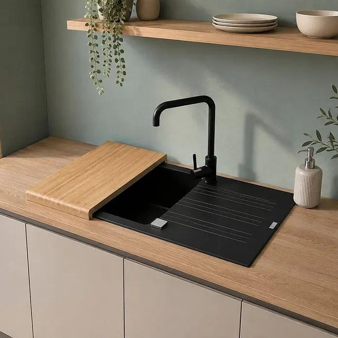 Carea Einbauspüle Muscade - 86 x 50 cm, Schwarz, Mit Schneidebrett - Moderne schwarze Küchenspüle mit hohem schwarzem Wasserhahn, hellem Holzschneidebrett und schwarzer Abtropffläche, in Küchenarbeitsplatte.