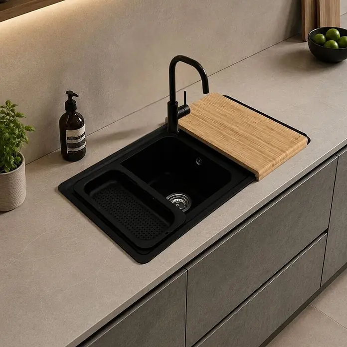 Carea Einbauspüle Venus - 86 x 50 cm, Schwarz, Mit Schneidebrett & Besteckschale - Schwarze Küchenspüle mit integriertem Wasserhahn, Abtropfgitter und Holzschneidebrett, in einer modernen hellgrauen Arbeitsplatte.