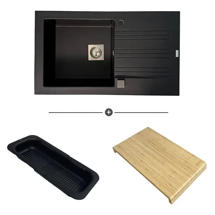 Carea Einbauspüle Muscade - 86 x 50 cm, Schwarz, Mit Schneidebrett & Besteckschale - Schwarze Küchenspüle mit schwarzem Siebkorb und Bambus-Schneidebrett.