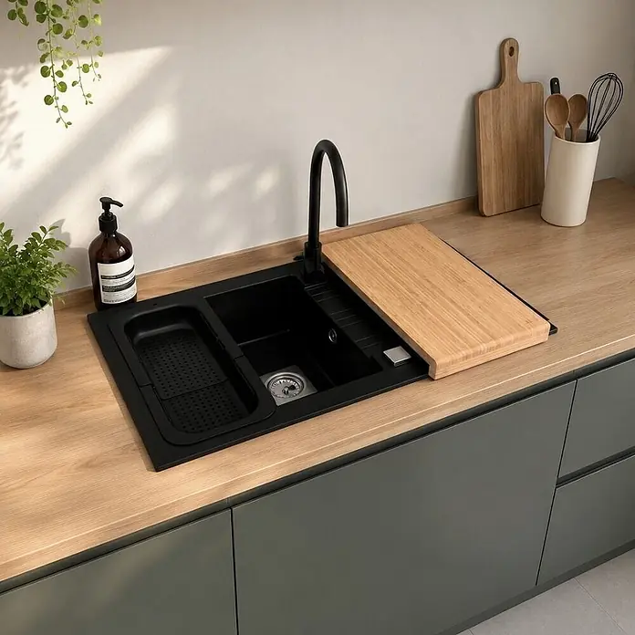 Carea Einbauspüle Muscade - 86 x 50 cm, Schwarz, Mit Schneidebrett & Besteckschale - Schwarze Küchenspüle mit Abtropfkorb und Holzschneidebrett, eingebaut in eine helle Holzarbeitsplatte.