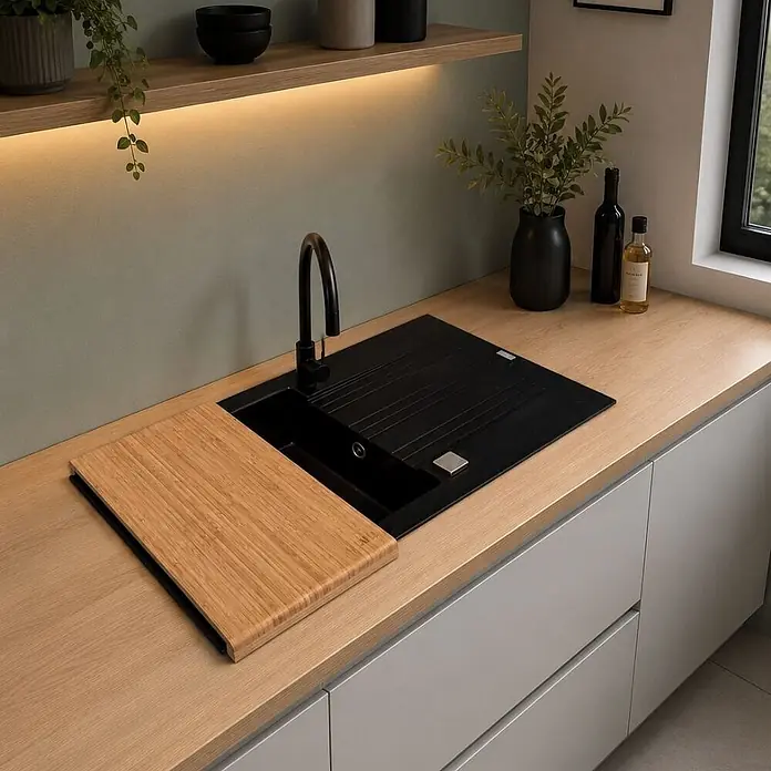 Carea Einbauspüle Muscade - 86 x 50 cm, Schwarz, Mit Schneidebrett - Schwarze Küchenspüle mit integriertem schwarzem Abtropfbereich und Holzschneidebrett, in heller Holzplatte.