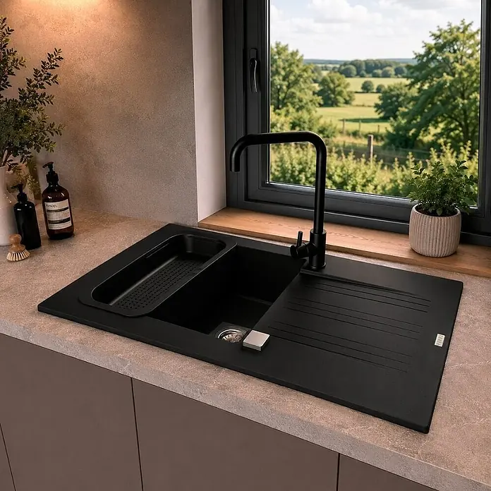 Carea Einbauspüle Muscade - 86 x 50 cm, Schwarz, Hahnloch: Ohne - Schwarzes Granitspülbecken mit Abtropffläche und Armatur in einer modernen Küche. Mit integriertem Zusatzbecken.