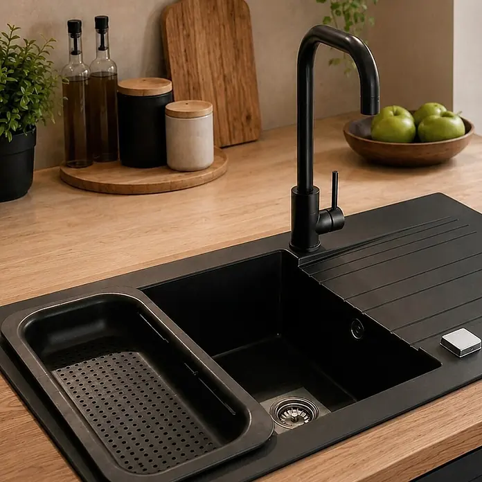 Carea Einbauspüle Muscade - 86 x 50 cm, Schwarz, Hahnloch: Ohne - Mattschwarze Küchenspüle mit integriertem Abtropfbereich, passendem Wasserhahn und perforiertem Beckeneinsatz, in Holzarbeitsplatte.