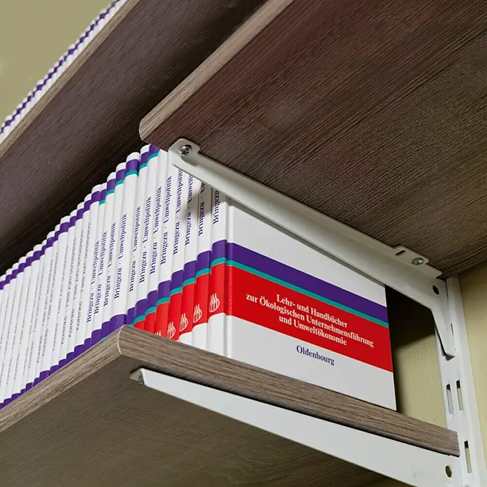 Element System Soporte para estantes - Largo: 33 cm, Blanco, Acero, 2 ud. - Estantería con una colección de libros "Bringezu Umweltpolitik" y "Lehr- und Handbücher zur Ökologischen Unternehmensführung".