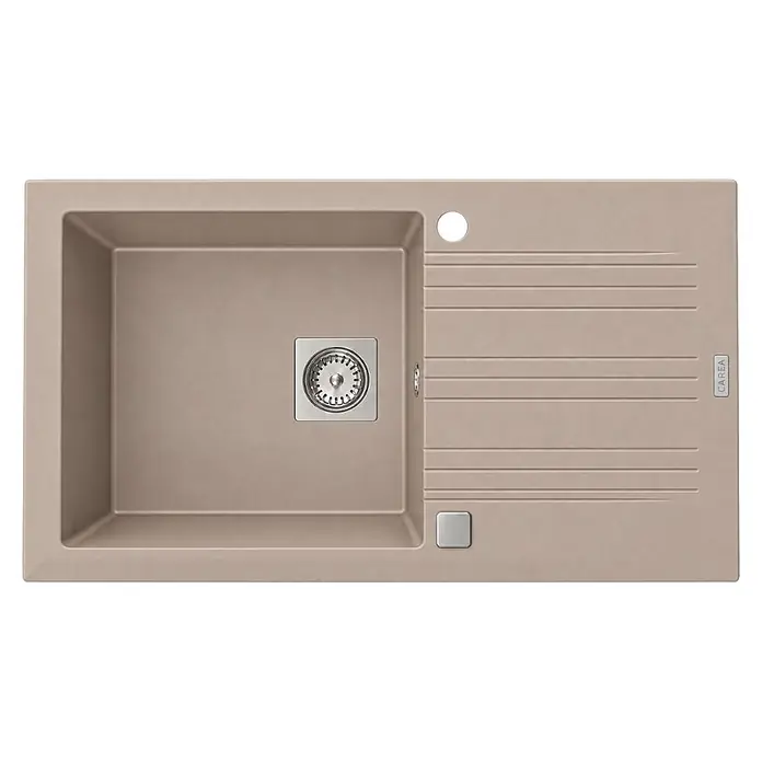 Carea Einbauspüle Muscade - 86 x 50 cm, Taupe - Helle beige Komposit-Küchenspüle mit einem Becken, Abtropffläche, Metallablauf und Wasserhahnloch.