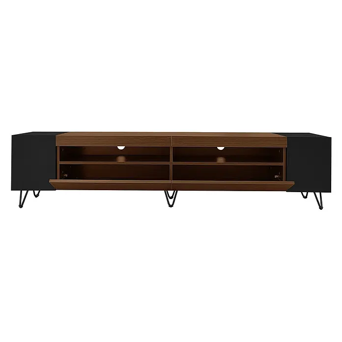 SONNENH Kommode 180 x 36 x 43 cm, Schwarz/Holzoptik -  - Zweifarbige Medienkonsole in Schwarz und Braunholzoptik mit Hairpin-Beinen, offenen Regalen und oberen Staufächern mit Kabeldurchführungen.