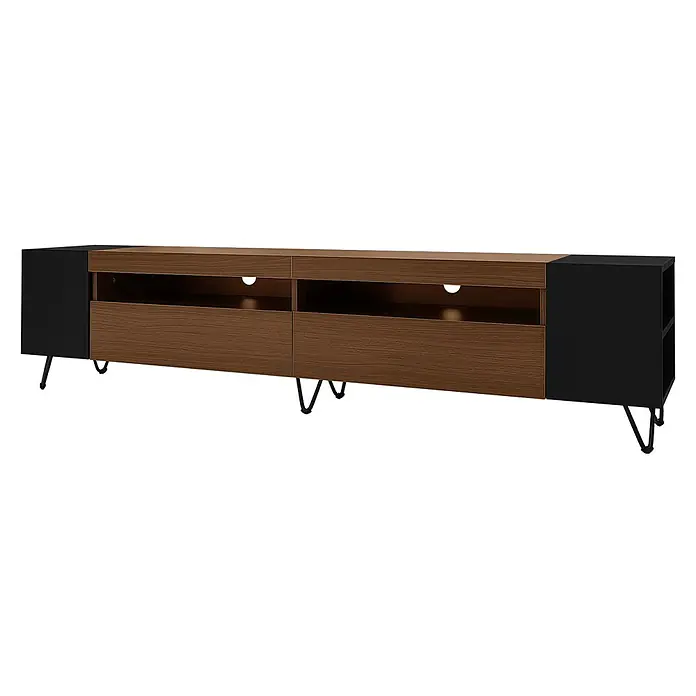 SONNENH Kommode 180 x 36 x 43 cm, Schwarz/Holzoptik -  - Zweifarbige Medienkonsole in brauner Holzoptik und Schwarz, mit offenen Regalen, Staufächern und schwarzen Haarnadelbeinen.
