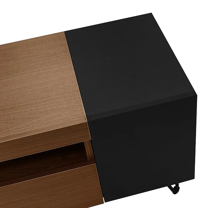 SONNENH Kommode 180 x 36 x 43 cm, Schwarz/Holzoptik -  - Zweifarbige Medienkonsole mit braunem Holzdekor und mattschwarzen Elementen, mit Stauraumfächern und Rollen.